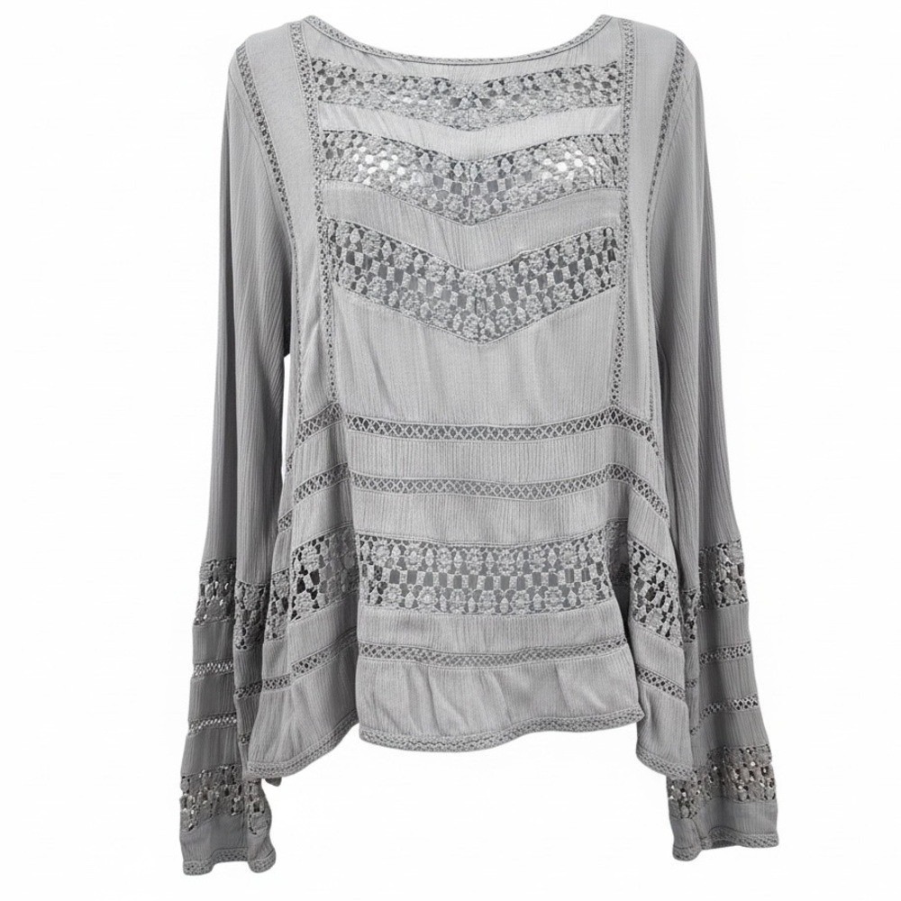 PATRONS of PEACE Crochet Top Gray OPEN BACK Long‎ Sleeve Size Large Peasant Boho